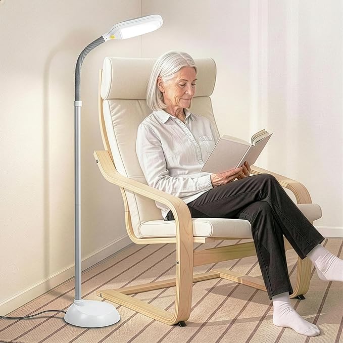 Brightech Litespan - Bright LED Floor Reading Lamp for Over Chair Crafts and Reading, Estheticians' Light for Lash Extensions, Adjustable Standing Lamp for Living Room, Bedroom, Office - White
