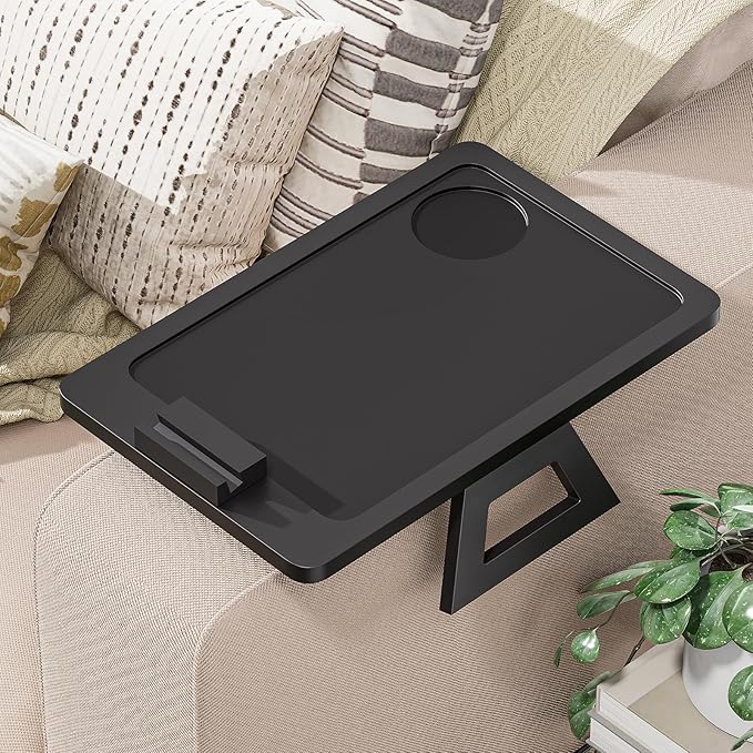 Youpehom Bamboo Sofa Tray,Couch Arm Table, Clip-On Armrest Tray Table for Wide Couch Foldable Tray with 360° Phone Holder Couch Arm Tray for Eating/Drinks/Snacks/Remote，2 Pack