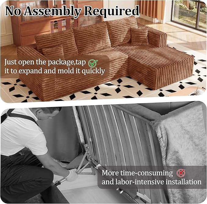 BSHOMGI Boneless Couches for Living Room, Modular L Shaped Couch with Deep Seat Oversized Right Facing Chaise, Memory Foam Compressed Spineless 3 Seater Sofa for Apartment | Boneless Compressed, Sofa in a Box, Cloud Couch, Deep Seats, No Assembly Requi...