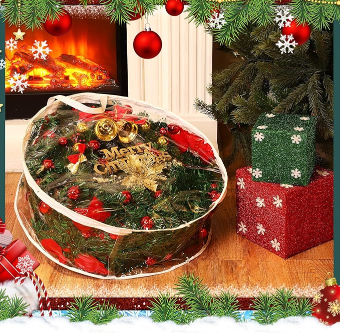 Shappy 1 Pcs 36 Inch Back to School Wreath Storage Container Clear Wreath Storage Bags PVC Waterproof Garland Bags with Clear Window Dual Zippers and Handles for Holiday Artificial Garland (White)