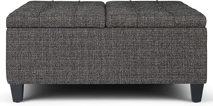 SIMPLIHOME Harrison Coffee Table Storage Ottoman - 36 inch Wide Upholstered Tweed Look Fabric Square Lift-Top Ottoman in Ebony, Transitional Ottoman for Living Room with Hidden Storage