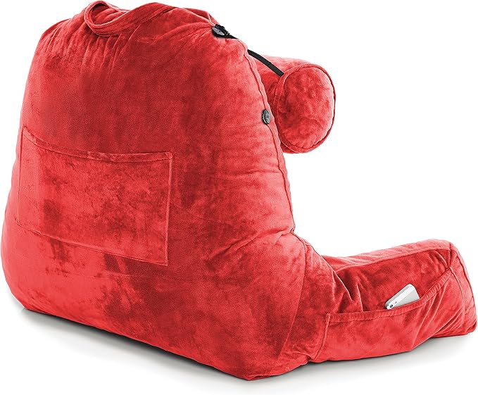 Husband Pillow XXL The Original for Adults - 30" Tall Backrest for Sitting Up in Bed - Firm Support Reading & Bed Rest Pillows for Adults, Neck Roll, Removable Cover - TV - Red
