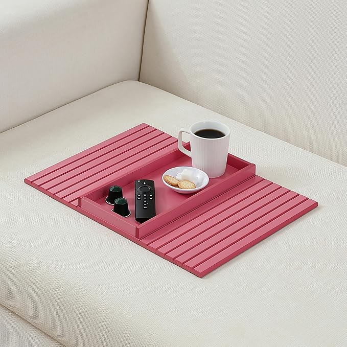 Bamboo Couch Arm Tray Table，Foldable Sofa Armrest Tray Table for Couch，Flexible and Anti-Slip Couch Arm Cup Holder，Portable Sofa Arm Chair Table for Drink,Cups, Eats，Snacks, Phone, Remote (Pink)