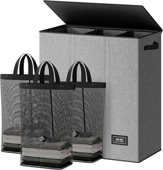 SOLEDI 160L Laundry Hamper 3 Section, Extra Large Laundry Hamper with Lid, Dirty Clothes Hamper with Sturdy Handle, Large Laundry Basket Organizer for Laundry Room, Bedroom, Hampers for Laundry