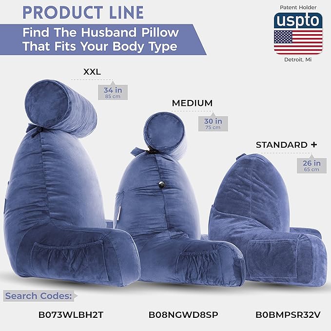 Husband Pillow Medium Reading Pillow with Arms - 23" Backrest for Sitting Up in Bed - Firm Support Bed Rest Pillow for Adults, Neck Roll, Removable Cover - TV, Reading, Lounging - Dark Blue