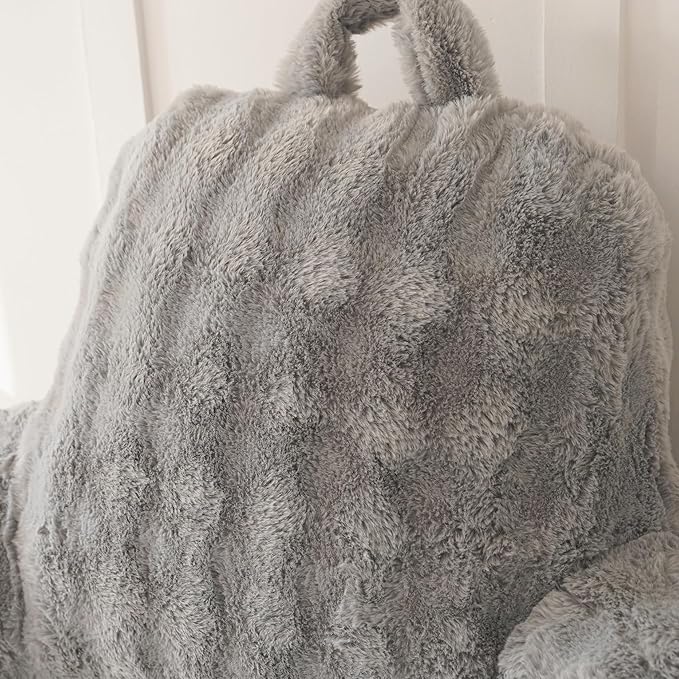 Yaoshuho Faux Fur Reading Pillow for Sitting in Bed, Large Backrest Bed Pillow with Arms, Back Support Pillow for Lounging Bedrest, Gray