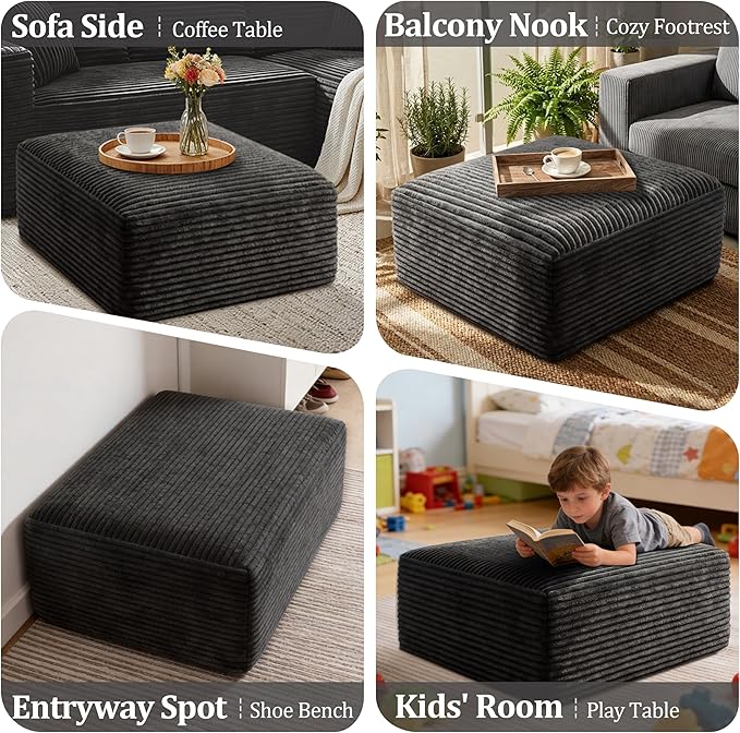Corduroy Ottoman, Modern Boneless Cloud Foot Rest Foam Support, Oversized Modular Sectional Sofa Stool for Living Room, Bedroom & Small Spaces, No Assembly Required (Drak Gray, Ottoman) | Foam Support, Modular Sectional, No Assembly Required
