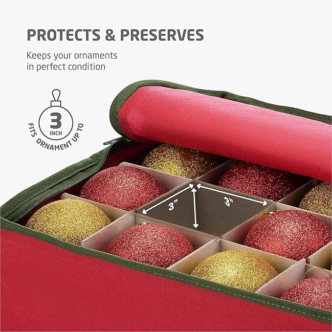 ZOBER Underbed Christmas Ornament Storage Box - Stores 120 3" Ornaments, With Dividers - Tear Proof 600D Oxford Fabric, Ornament Organizer Storage Box, Durable Christmas Containers Holder - Red