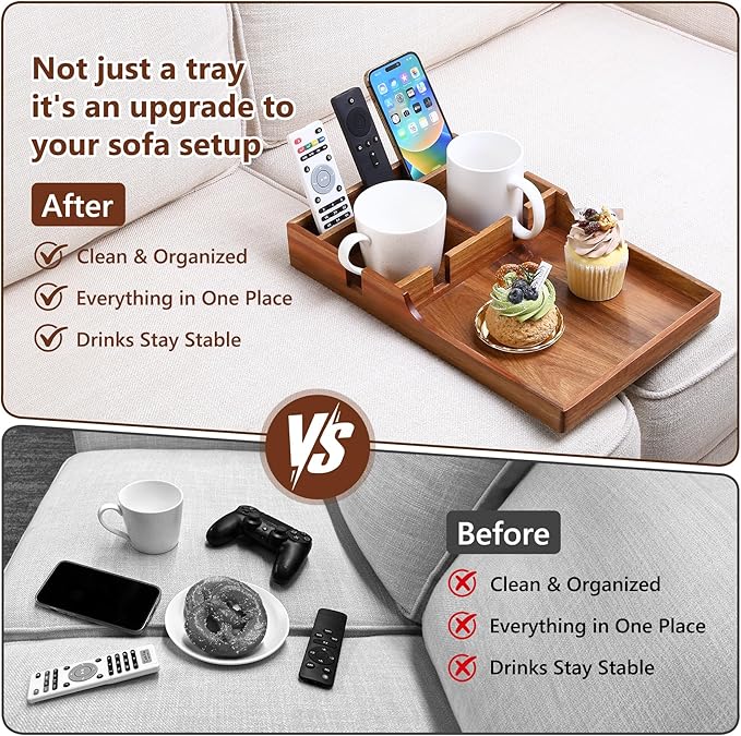 Couch Insert Tray for Middle Seat, Acacia Wood Couch Table with 2 Cup Holders, Fits Armless Sofa & Sectionals, Fold-Flat Tray for Drinks, Snacks & Remotes
