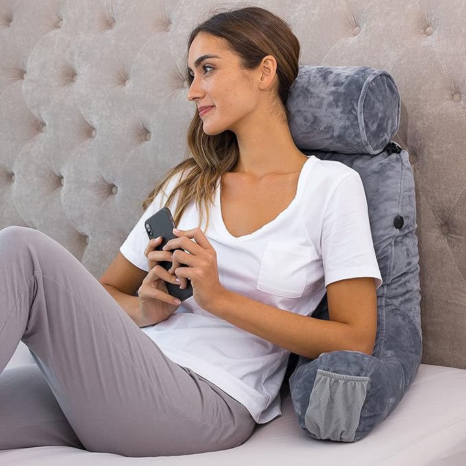 Husband Pillow Medium Reading Pillow with Arms - 23" Backrest for Sitting Up in Bed - Firm Support Bed Rest Pillow for Adults, Neck Roll, Removable Cover - TV, Reading, Lounging - Dark Grey