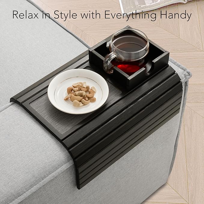 Detor Couch Cup Holder Tray with Super Anti-Slip Pad, Large 4.5" x 4.5" Organizer, Black-Stained Bamboo Finish, Enhanced Non-Slip Felt Base, Durable Bamboo Slats, Fits Armrests 5.5" and Wider