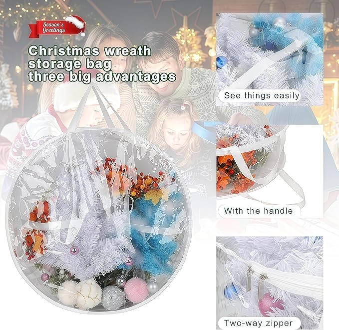 2Pcs Christmas Wreath Storage Container 30 Inch Clear Wreath Storage Bags Round Durable Wreath Bags Clear Everyday Bag with Dual Zippers and Sturdy Handles for Holiday Christmas Wreaths（Large）