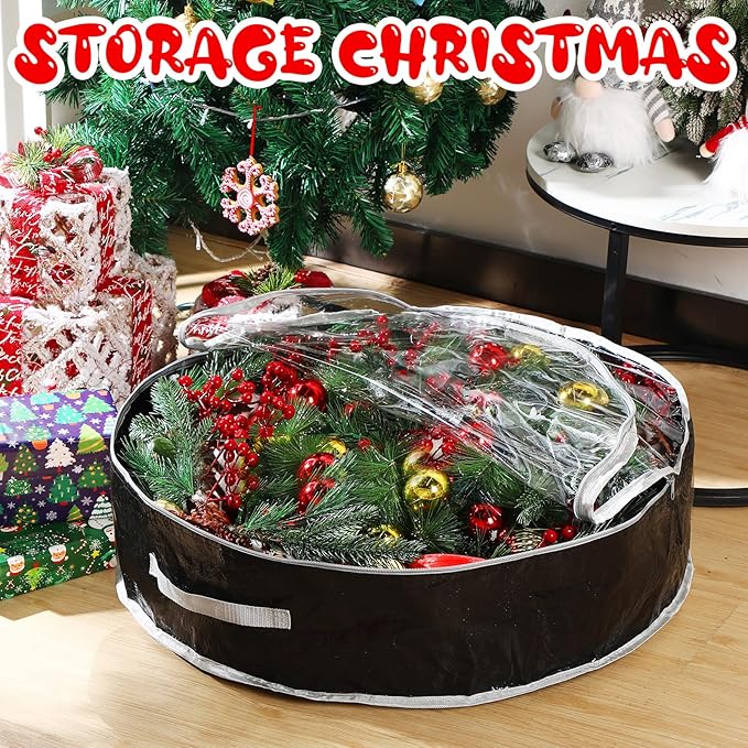 Aliceset 4 Pack Wreath Storage Containers, Ornament Garland Wreath Storage Bags with Handle Zipper Decorative Storages Box for Winter Valentine Wreaths(36 x 36 x 7.8 Inch,Black)