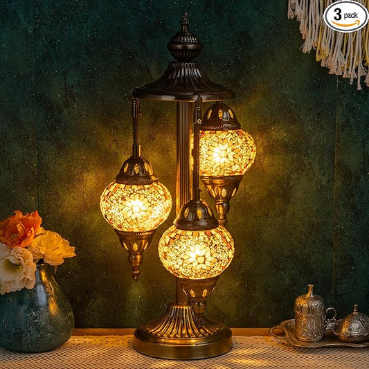 Marrakech Turkish Lamp 3 Globes Moroccan Table Lamp with Bronze Base, 23" Tall Handmade Yellow Tiffany Mosaic Glass Night Light Fixture Including LED Bulb for Living Room Bedroom Decor
