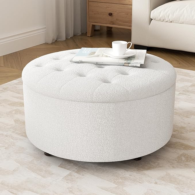 30 Inch Round Storage Ottoman,Modern Tufted Ottomans,Circular Coffee Table with Removable Top,Upholstered Large Ottoman with Storage Footrest Stool for Bedroom Living Room (Teddy White)
