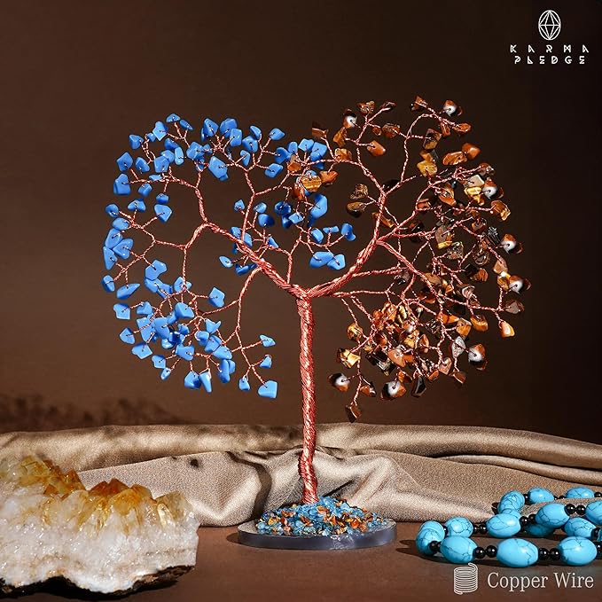 Handmade Healing Crystal Tree of Life Pink Tiger Eye and Turquoise Chakra Tree for Money, Good Luck, Feng Shui Home Decor, Living Room Office Deocration, Unique Birthday Gifts for Women, Men, Mom