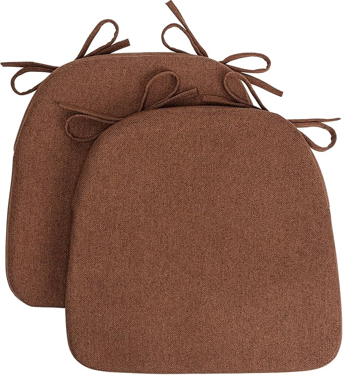 Sunsleek Chair Cushions for Dining Chairs, D-Shaped Seat Cushions with Removable Washable Cover and Ties, Chair Pads for Kitchen, Indoor Dining Room, Patio Chairs, 17'' x 16'', Set of 2, Brown