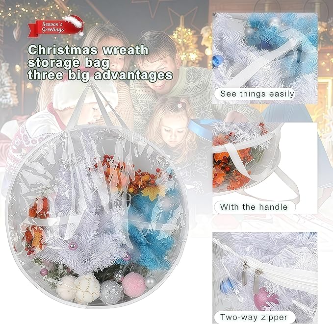 2Pcs Christmas Wreath Storage Container 24 Inch Clear Wreath Storage Bags Round Durable Wreath Bags Clear Everyday Bag with Dual Zippers and Sturdy Handles for Holiday Christmas Wreaths（Medium）
