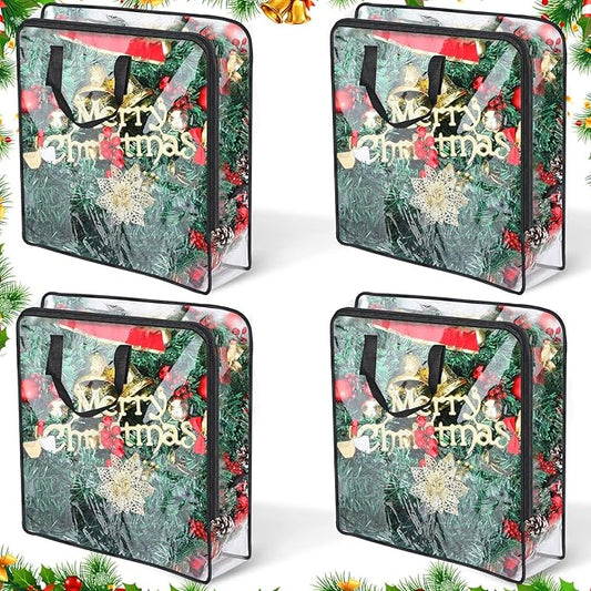4 Pcs Christmas Wreath Storage Container Clear Organizer Bag for Xmas Moving With Handles and Dual Zipper Holder Plastic Tote (24 x 7 Inch)