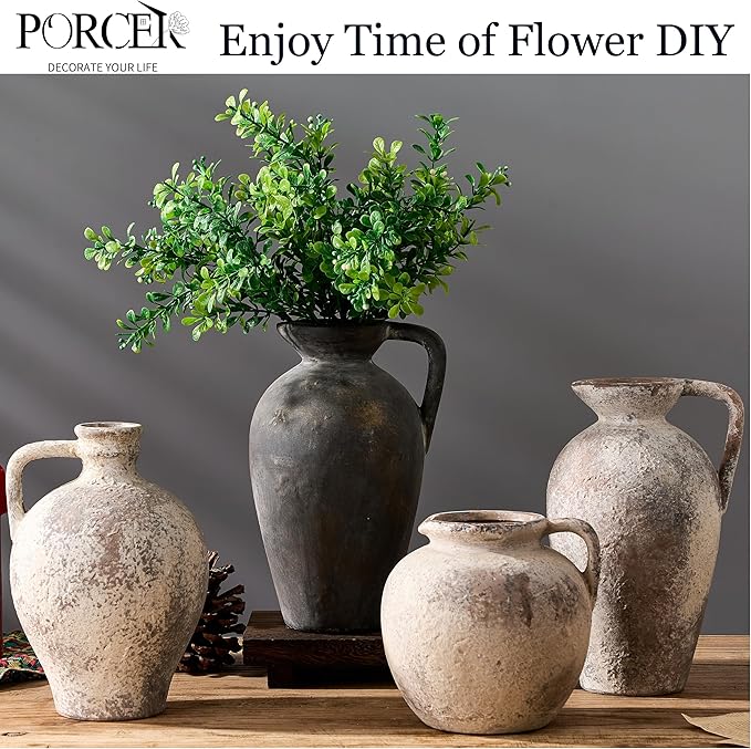 PORCER Antique Rustic Ceramic Vase, 9.3 Inch Tall Large Terracotta Vase with Handle, Vintage Farmhouse Pottery Vase for Home Decor, Living Room, Entryway, Wedding, Thanksgiving - Black Bronze