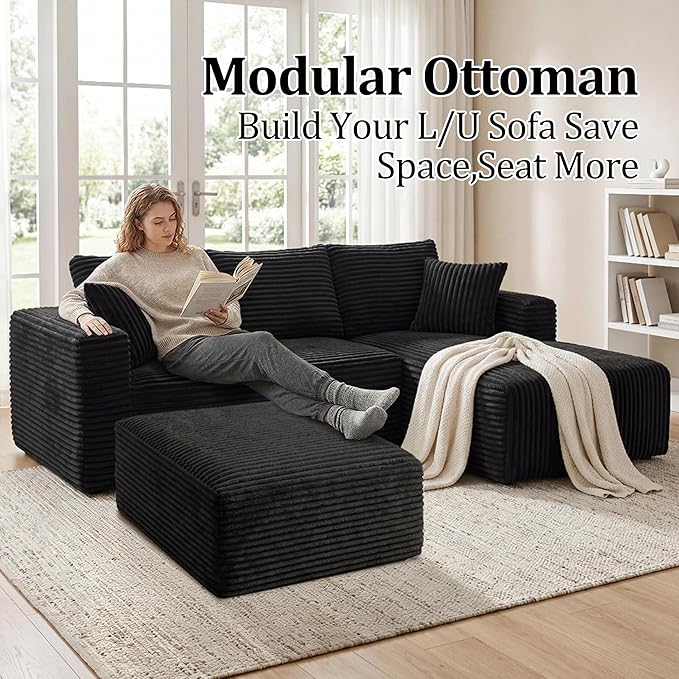 Corduroy Ottoman, Modern Boneless Cloud Foot Rest Foam Support, Oversized Modular Sectional Sofa Stool for Living Room, Bedroom & Small Spaces, No Assembly Required (Black, Ottoman) | Foam Support, Living Room Bedroom, Small Spaces, No Assembly Required