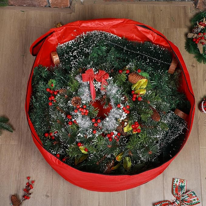 26" Extra Large Double Sided Christmas Wreath Storage Bag with Carry Handle Zippered Waterproof Christmas Wreath Storage Container Heavy Duty Xmas Garland Bag for Holiday(2 Pcs)