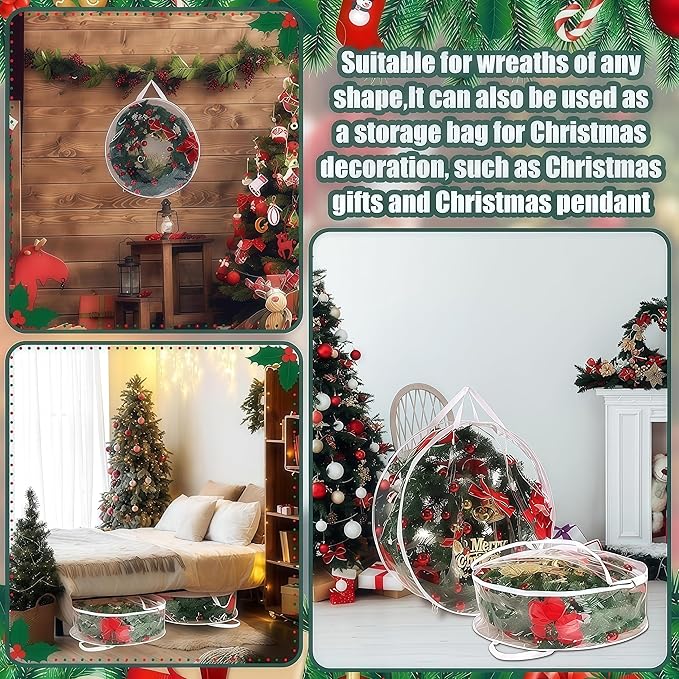 2Pcs Christmas Wreath Storage Container 24 Inch Clear Wreath Storage Bags Round Durable Wreath Bags Clear Everyday Bag with Dual Zippers and Sturdy Handles for Holiday Christmas Wreaths（Medium）