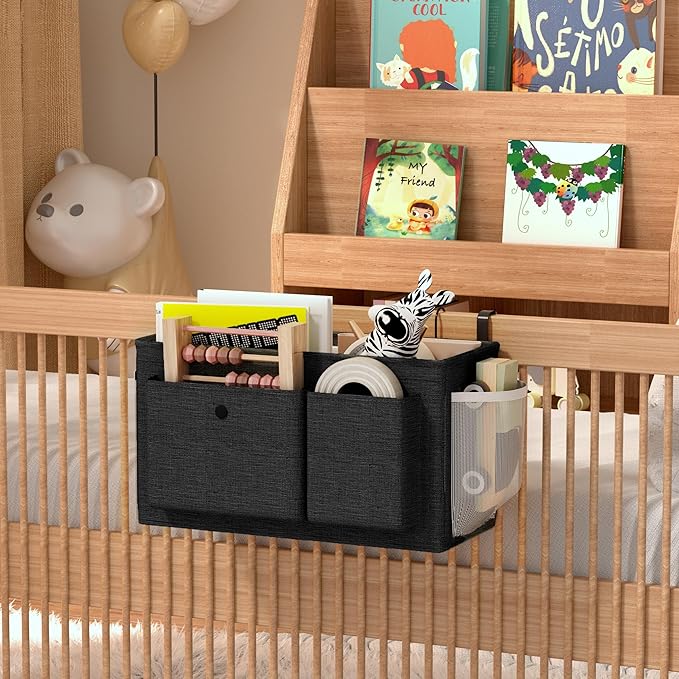 Edudif Bedside Caddy Bedside Organizer with Fixed Straps & Water Bottle Holder, Bunk Bed Caddy ideal for Home, Dorm, Hospital, Crib, Versatile Bedside Storage Solution (Black 2pcs)