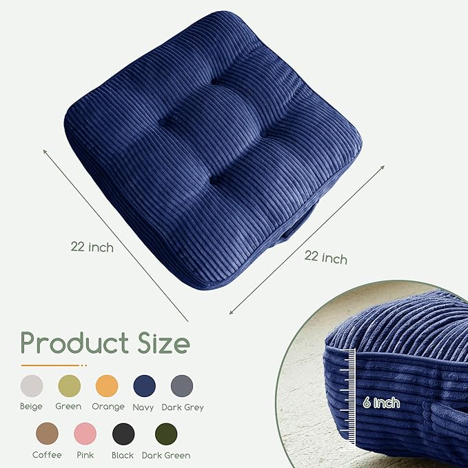 HIGOGOGO 6" Extra Thick Floor Pillow Cushion for Adults, Meditation Cushion Pillow, Large Square Floor Sitting, Tufted Corduroy Cover, for Tatami Living Room or Yoga, 22x22 Inch, Navy
