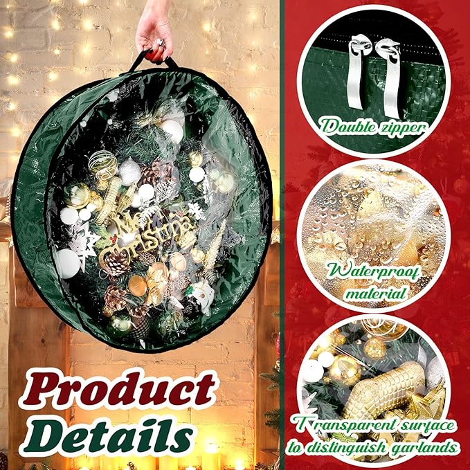 Dunzy 8 Pieces Wreath Container Christmas Wreath Storage Bag Garland Tear Resistant Fabric Round Boxes with Clear Window for Storage for Xmas Holiday Ornament(24×24×7.8 Inch,Green)