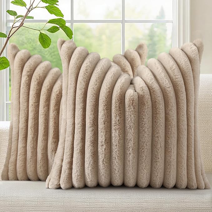 decorUhome Cozy Faux Fur Throw Pillow Covers 12x12 Set of 2 Decorative Soft Plush Striped Modern Farmhouse Boho Couch Pillow Cases with Velvet Back for Sofa Bed Living Room, Khaki Brown