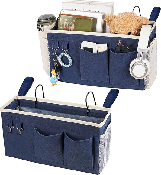Loghot Bedside Caddy/Bedside Storage Bag Hanging Organizer for Bunk and Hospital Beds,Dorm Rooms Bed Rails,Can be Placed Glasses,Books,Mobile Phones,Keys (2pc Navy Blue)