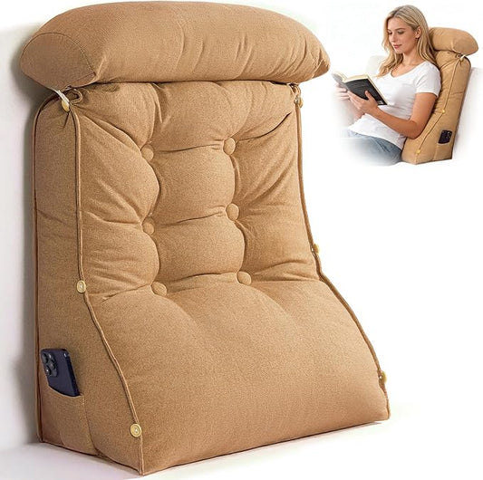 23" H Bed Wedge Reading Pillow with Adjustable Headrest, Reading Pillow for Sitting in Bed Couch Adult Backrest Pillow for Neck Back Lumbar Support with Removable Washable Cover Light Coffee