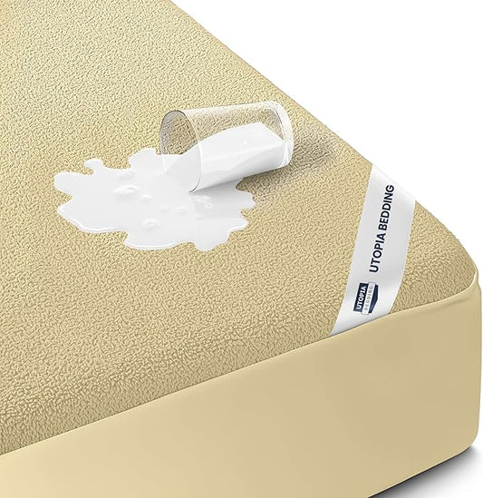 Full Size Mattress Protector Waterproof, Premium 200 GSM Terry Mattress Cover, Soft & Breathable Bed Cover, Fitted Sheet Style Stretchable Deep Pockets 15" by Utopia Bedding (Beige)