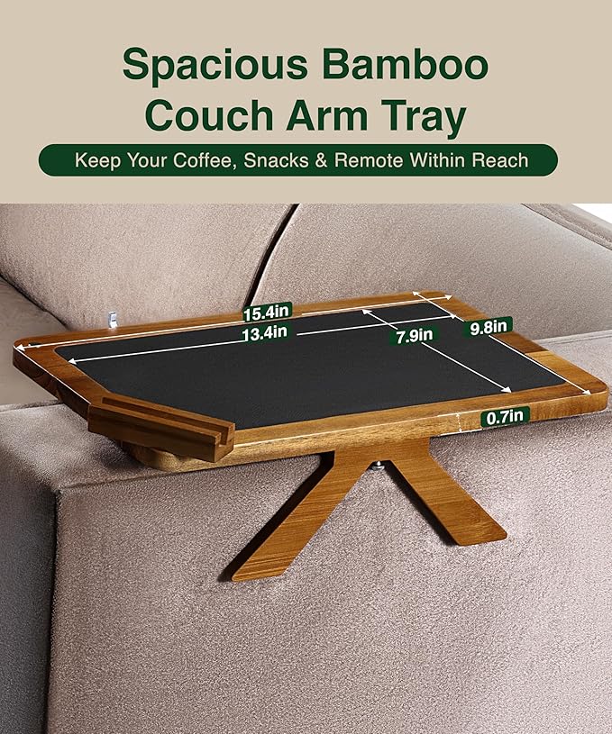 Acacia Couch Arm Tray Table – 2 in 1 Adjustable Couch Arm Table Fits Most Sofa Arms with 360° Rotating Phone Holder, Wire Holder & Non-Slip Mat – Elegant Sofa Tray for Snacks & Coffee