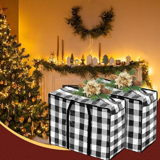 2 Pcs Christmas Ornament Storage Bags Christmas Tree Storage Bags 27 x 20 Inch Ornaments Bag with Zipper Xmas Heavy Duty Containers for Xmas Trees Baubles(Black-White,Plaid)