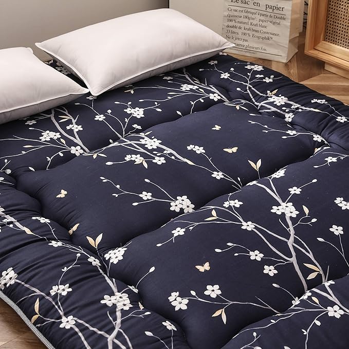 MAXYOYO Japanese Floor Mattress Navy Floral Printed Futon Mattress Foldable Floor Cushion Roll Up Camping Mattress Floor Lounger Queen Size Mattress