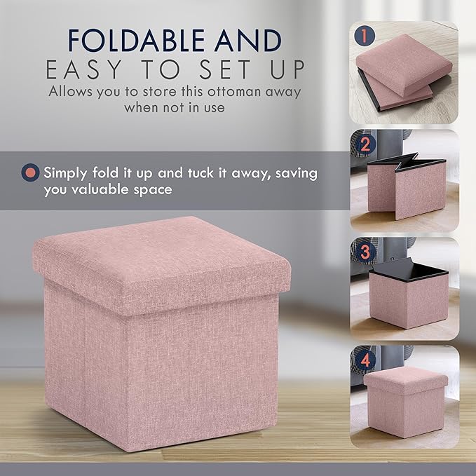 Ornavo Home Small Storage Ottoman Foldable Collapsible Cube Square Linen Ottoman Foot Rest Stool Seat, for Living Room, Bedroom, Home Office, Dorm - 12 x 12 x 12, Pink