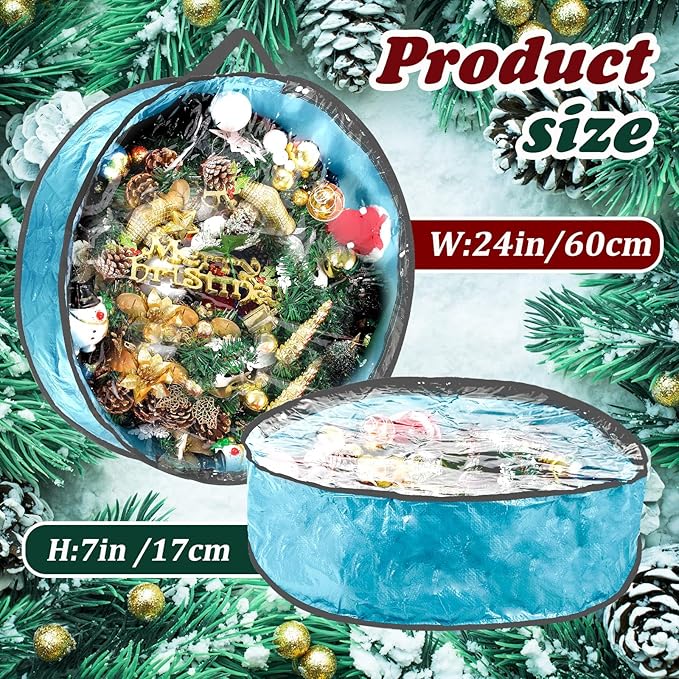 Dunzy 8 Pieces Wreath Container Christmas Wreath Storage Bag Garland Tear Resistant Fabric Round Boxes with Clear Window for Storage for Xmas Holiday Ornament(24×24×7.8 Inch,Blue)