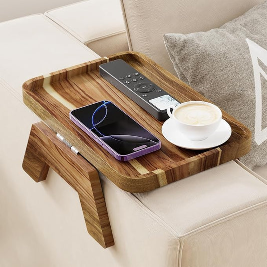 ZUJJAFY Couch Armrest Table, Acacia Wood Couch Arm Tray, Clip-On Sofa Arm Tray Table for Drink Eating Snacks Remote and Control