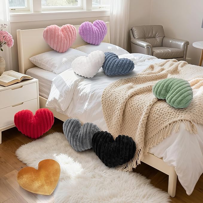 16 Inch Heart Pillow Cute Soft Decorative Throw Pillows, Heart Shaped Fluffy Faux Fur Pillows Cushions for Couch Sofa Bed Bedroom Room Home Decor Aesthetic (2, Black, Medium-16 x13)