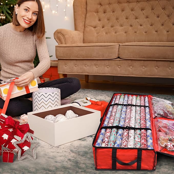 ProPik Wrapping Paper Storage Containers | Gift Wrap Organizer Under Bed 41”x14”x6” Fits 18-24 Rolls Fit Up to 40” Long Roll Wrap Storage Box Holder with Pockets for Ribbon Bows & Accessories (Red)
