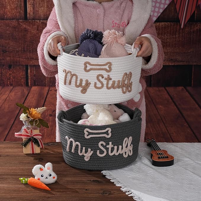 FKOG Hand Personalized Cotton Rope Storage Basket, Custom Pet Dog or Cat Name Basket Organizer, Pet Dog Gift Basket, Puppy Toy Bag (Black Pet Basket)