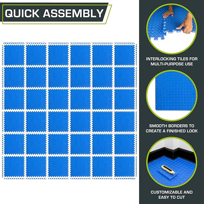 ProsourceFit Puzzle Exercise Mat ½ in, EVA Interlocking Foam Floor Tiles for Home Gym, Water-Resistant Mats Workout Equipment, Floor Padding for Kids, Blue, 24 in x 24 in x ½ in, 144 Sq Ft - 36 Tiles