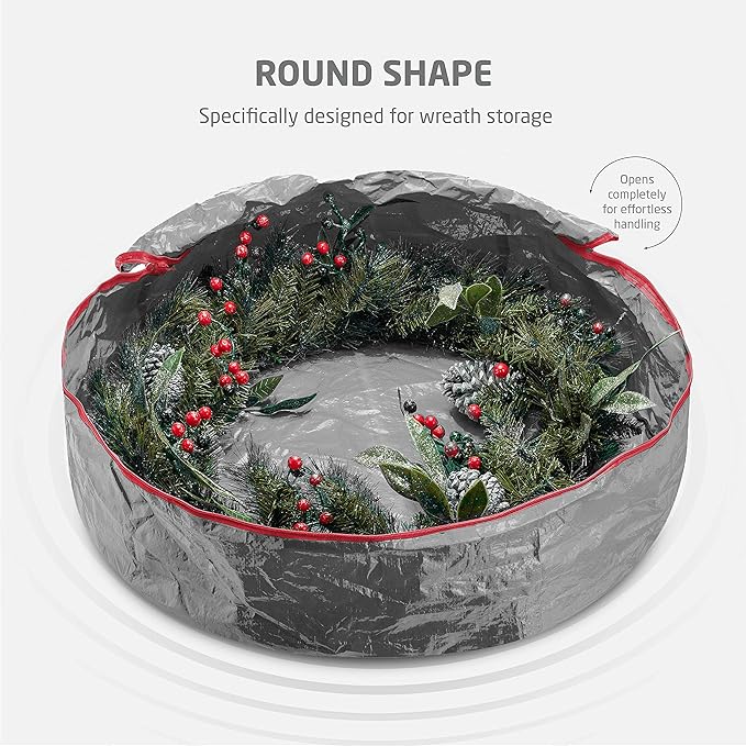 ZOBER Christmas Wreath Storage Container 36 Inch - Wreath Bag for Artificial Wreaths Box - Dual Zippered Wreaths Storage Bag with Strong Durable Handles - Gray