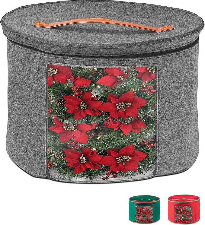 Christmas Wreath Storage Bag,Collapsible Felt Holiday Garland Container with Zipper & Handle, Durable Wreath Organizer Bin for Seasonal Decor Storage 20 x 12 (GREY)