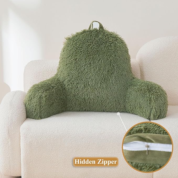 XeGe Faux Fur Reading Pillow Cover (No Filler), Fluffy Back Rest Pillow Case for Bed Sitting Up, Adults Kids Shaggy Sit Up Back Support Pillow Cover with Arms Couch Chair Home Decoration, Sage Green