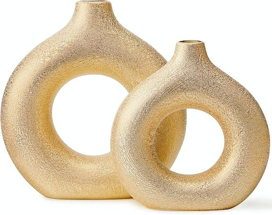 Modern Donut-Shaped Decorative Vases, Handmade Minimalist Boho ins Style, Modern Vase for Home Decor for Wedding Dinner Table Party Living Room Office Bedroom (Gold, Extra Large + Large)