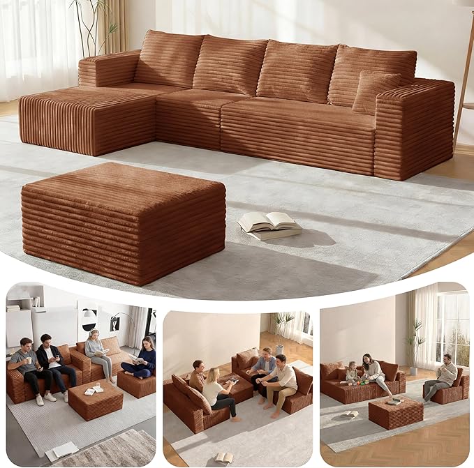 118" Sectional Sofa, Boneless Compressed Sofa in a Box, U-Shaped Cloud Couch with Deep Seats & Chaise for Living Room, No Assembly Required (Orange, 118" U-Shape with Left Facing Chiase) | Boneless Compressed, Sofa in a Box, Cloud Couch, Deep Seats, No...