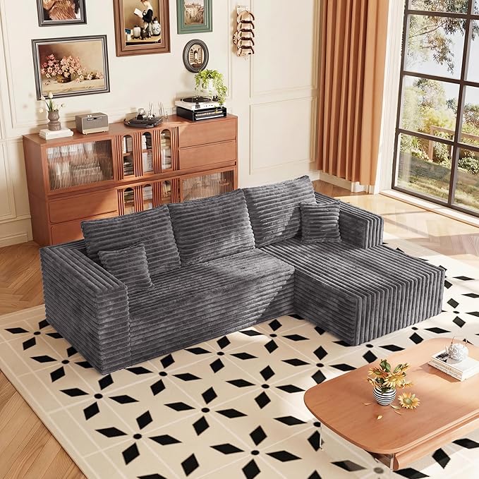 Boneless Couches for Living Room, Couch with Deep Seat Oversized Right Facing Chaise, Memory Foam Compressed Spineless 3 Seater Sofa for Apartment (Drak Gray, 92.5" L-Shape with Right Facing Chiase) | Boneless Compressed, Sofa in a Box, Cloud Couch, De...